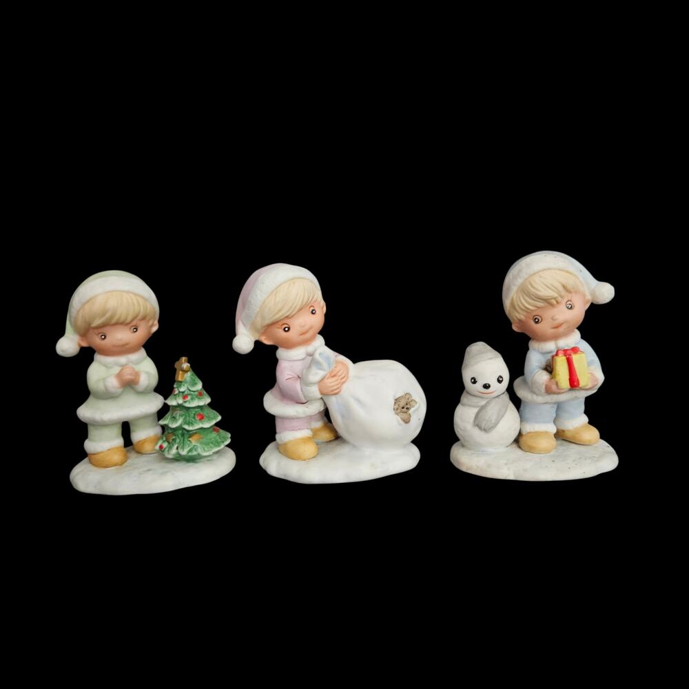 Vintage HOMCO Christmas Children Figurines Set of 3 Snowman Tree Holiday Decor